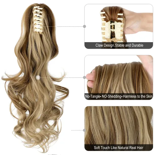 Miniatura 3 de Pinza de Gancho Extensión de Cola de Caballo 18" Extensiones de Cabello Ondulado con Pinza para Cola de Caballo Extensiones de Cola de Caballo Larga