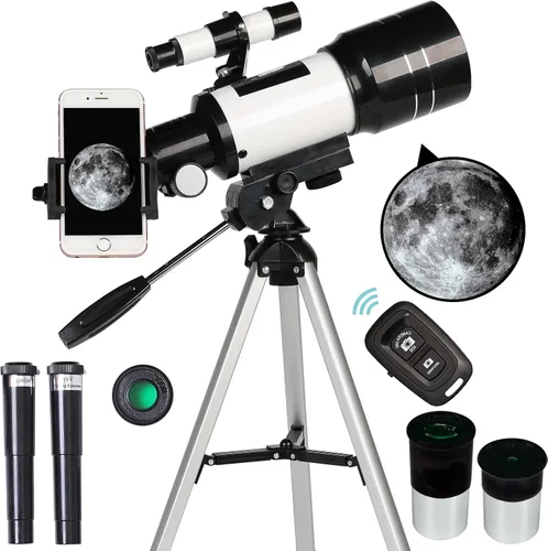 Telescopio para adultos y niños, refractor de apertura de 2.756 in (15X-150X), telescopio de viaje portátil con adaptador de teléfono y control Negro