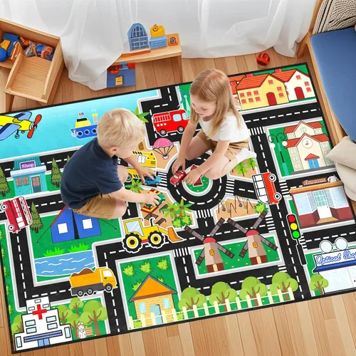 Miniatura 9 de Alfombra de carretera para habitación de niños, alfombra de juego azul para pista de carreras, alfombra de coche para dormitorio, sala