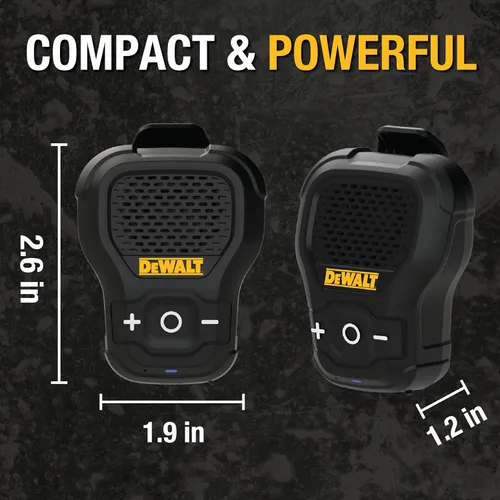 Miniatura 7 de DEWALT Altavoz Bluetooth Portátil Vestible [Edición Onyx - Negro] Altavoz Portátil Inalámbrico con Clip para Sitio de Trabajo Pro Resistente al Agua