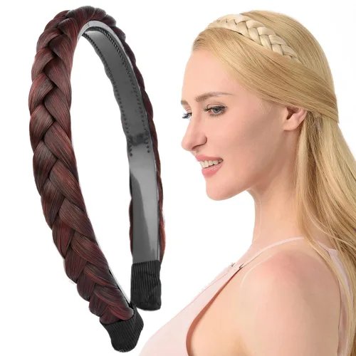 Miniatura 32 de Ancho de 1.5 cm Banda de pelo sintético trenzada estrecha con dientes para mujeres y niñas (Negro)