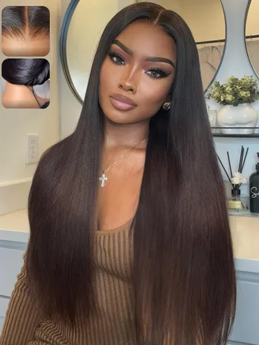 Miniatura 13 de KLAIYI Peluca de cabello humano con encaje frontal precortada 7x5, corte Bob en capas, corte romo, cordón sin pegamento, peluca predepilada