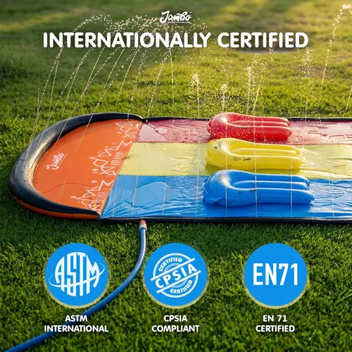 Miniatura 7 de JAMBO Tobogán de Agua Triple Premium con 3 Tablas de Bodyboard, 20 Pies de Deslizamiento y Salpicaduras de Servicio Pesado y Toboganes - Sistema 20
