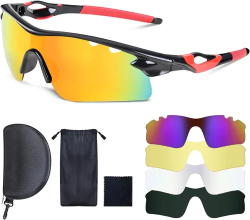 Gafas de tiro con 5 lentes intercambiables y estuche de transporte, gafas de seguridad antivaho para caza, para hombres y mujeres Marco rojo