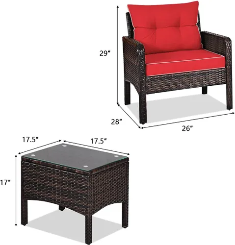 Miniatura 5 de ORALNER Juego de 3 piezas para conversación de patio, sofá de mimbre para todo tipo de clima y mesa auxiliar con cojines gruesos, muebles de Rojo