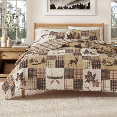 Great Bay Home Lodge - Juego de edredón – Juego de ropa de cama rústica de 3 piezas tamaño matrimonial/Queen – Colcha reversible ligera para todas