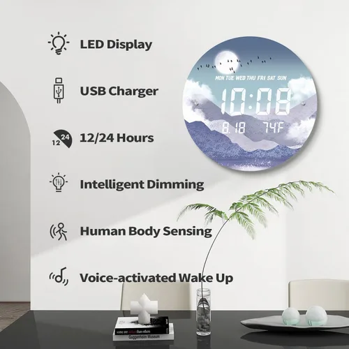Miniatura 4 de Reloj de pared digital SCOAGE con luz nocturna MoonCloud moderno de 7 niveles de brillo 12/24H LED automático con temperatura fecha hora pantalla