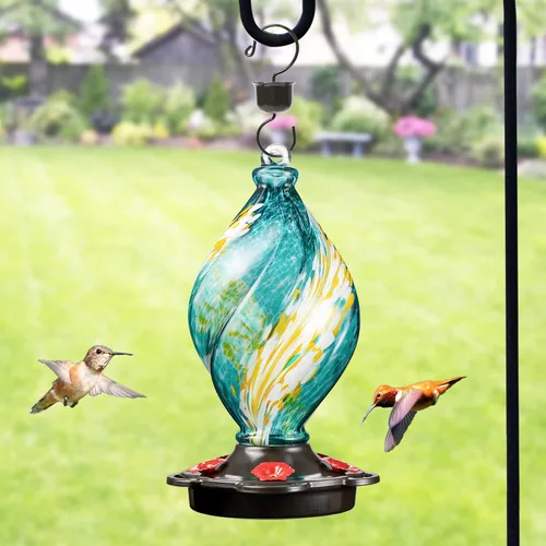 Miniatura 2 de LUJII - Comedero de colibrí en forma de helado en espiral para colgar al aire libre, de vidrio soplado a mano, 830 ml, a prueba de fugas y óxido