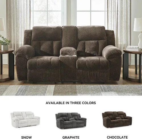 Miniatura 8 de Signature Design by Ashley Frohn - Sofá biplaza reclinable doble manual moderno con consola, almacenamiento y portavasos, color marrón oscuro Gris
