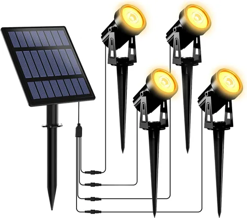 T-SUNUS - Foco solar para jardín al aire libre, 4 en 1, luces solares IP65, impermeable, cable de 9.8 pies, panel solar separado de 5 W, Amarillo