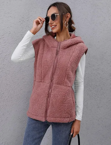 Miniatura 5 de TFSDOD Chaleco de forro polar sherpa para mujer, acogedor, sin mangas, con bolsillo, chaleco con capucha y cremallera para mujer