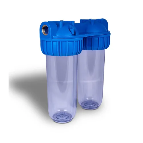 Miniatura 6 de Sistema de filtro de agua dual para toda la casa, Carcasas estándar transparentes, Válvula de alivio de prensatelas, Puerto de latón