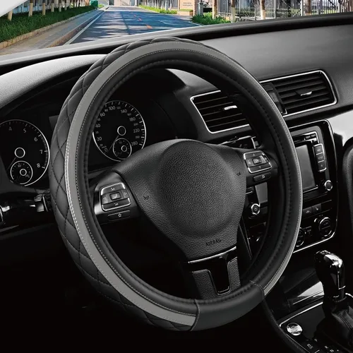 Miniatura 12 de Road Comforts Funda de Volante de Cuero – Negro y Morado, Ajuste Universal 14.5-15 Pulgadas, Cuero de Microfibra, Diseño Antideslizante y Púrpura