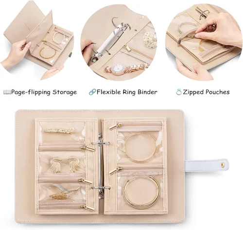 Miniatura 3 de Vlando Organizador de libros de joyería, estuche de viaje de cuero con 5 páginas desmontables para collares, anillos, aretes, sin enredos