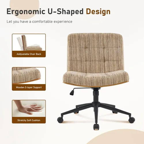 Miniatura 7 de Furnimart Silla de escritorio curvada de madera FSC de alta resistencia, giratoria de 360°, silla cruzada de felpilla de alta calidad con ruedas