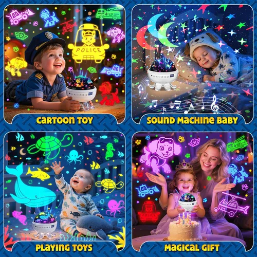 Miniatura 7 de Proyector para cachorros de juguetes para niños, 30 sonidos relajantes+máquina de sonido de 4 diapositivas, proyector de luz nocturna para bebé, 93