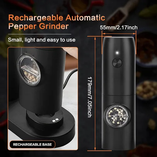 Miniatura 5 de Juego de molinillo eléctrico recargable de sal y pimienta, molinillo automático de sal y pimienta con luz LED, molinillo de sal y pimienta, grosor