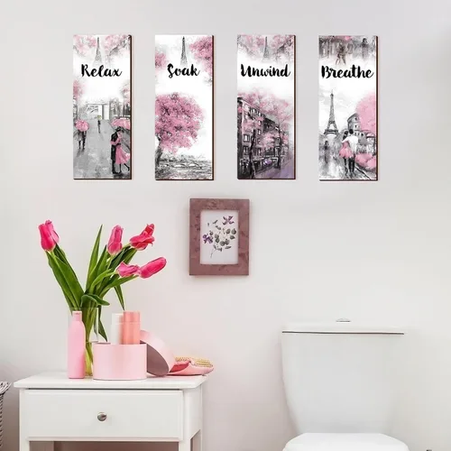 Miniatura 4 de Gerrii 3 Piezas de Decoración de Baño Rosa y Gris Decoración de París Relajarse Remojarse Desconectar Respirar Arte de Pared de Granja Baño Boda