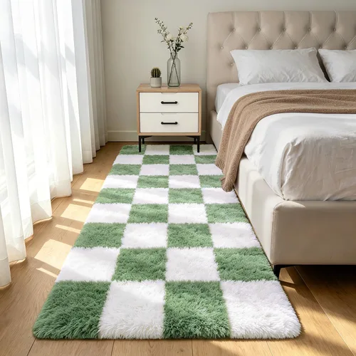Miniatura 60 de Alfombra peluda para dormitorio, sala de estar, 2 x 6 pies, antideslizante, esponjosa, suave, alfombra lanuda beige y blanca para sala de estar