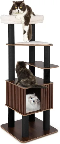PETSITE Árbol de madera para gatos de 64 pulgadas, torre para gatos moderna de varios niveles con postes rascadores, amplio condominio con agujero