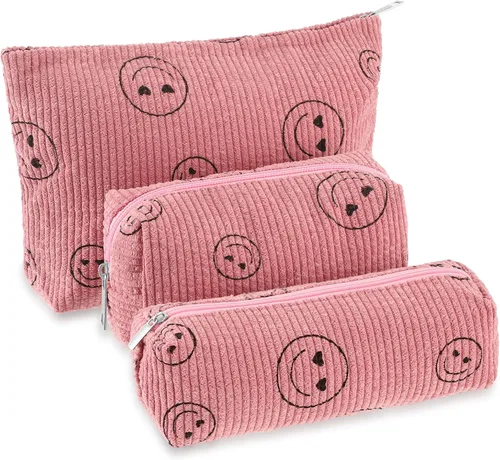 Miniatura 8 de Huhumy Juego de 3 bolsas de maquillaje para mujeres, bolsa cosmética de pana con sonrisa estética, bolsa de viaje para artículos de tocador, linda
