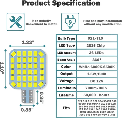 Miniatura 4 de 10 bombillas LED T10 921 922 912 194 para interior de caravana, bombillas LED superbrillantes, iluminación de repuesto 36-SMD 2835 6500K blanco frío