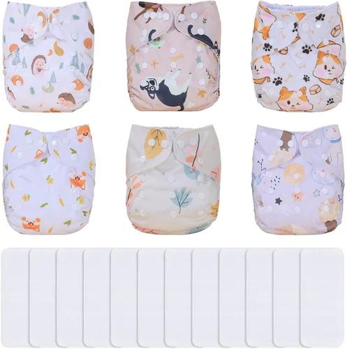 Miniatura 17 de TDIAPERS Pañales de tela reutilizables, lavables, de bolsillo, talla única, ajustable para pañales de tela a presión, paquete de 6 con 6 insertos
