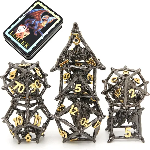 Miniatura 10 de Juego de dados DND de metal con caja, 7 dados huecos D&D, juego de dados poliédricos de cobre para Dungeons and Dragons Steampunk Poliédricos