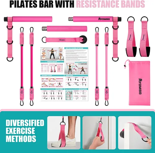 Miniatura 7 de Kit de barra de pilates Ayombo con bandas de resistencia, equipo de entrenamiento de pilates para piernas, cadera, cintura, brazo, equipo de Rosado