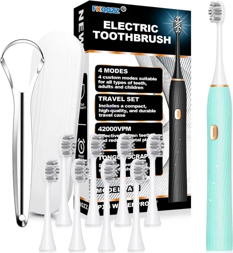 Miniatura 7 de FXQQZZ Cepillo de dientes eléctrico para adultos y niños, con raspador de lengua y estuche de viaje, 8 cabezales de cepillo, temporizador