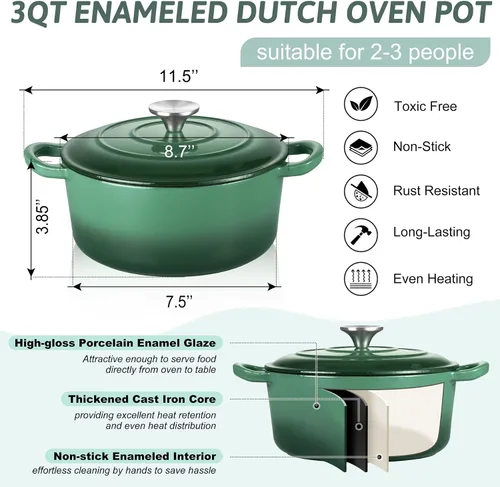 Miniatura 2 de TeamFar Horno holandés de hierro fundido esmaltado, olla pequeña de 3 cuartos de galón con tapa, olla de hierro fundido resistente para hornear pan