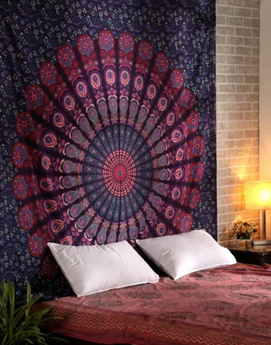 Miniatura 15 de RAJRANG Tapiz de Mandala de Pavo Real Hippie para Colgar en la Pared 90 x 84 pulgadas Tapices Decorativos Trippy Bohemios Indios Hechos a Mano