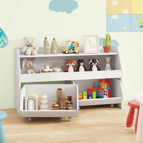 Miniatura 8 de Costzon Organizador de almacenamiento de juguetes para niños, armario de juguetes con 2 cajones rodantes, ruedas con cerradura, estante abierto