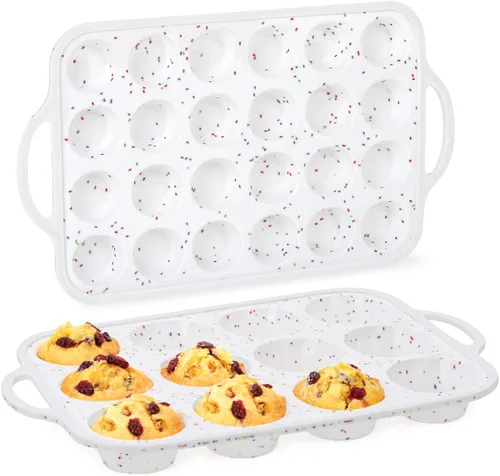 Miniatura 19 de CAKETIME Molde para mini muffins, molde para mini cupcakes con marco reforzado de metal, moldes para muffins de silicona antiadherentes con asa