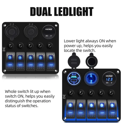 Miniatura 3 de FXC Panel de interruptor basculante azul marino impermeable de 5 segmentos con enchufe USB QC3.0 y ranura tipo C + encendedor de cigarrillos +