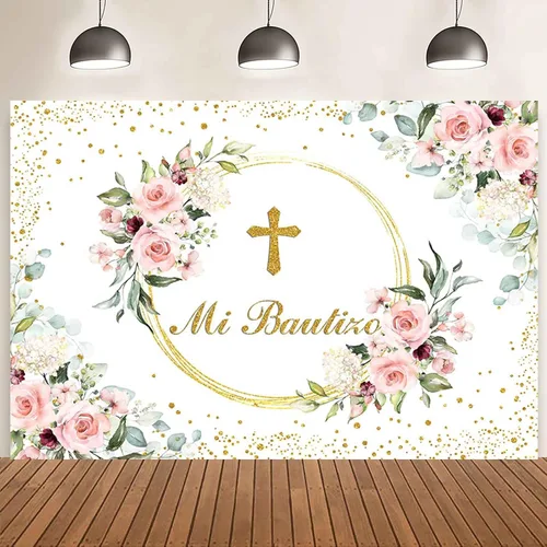 Miniatura 8 de AIBIIN Telón de fondo Mi Bautizo de 7 x 5 pies para niño, color azul, floral, bautismo, primera comunión, fotografía, fondo, bautizo, puntos