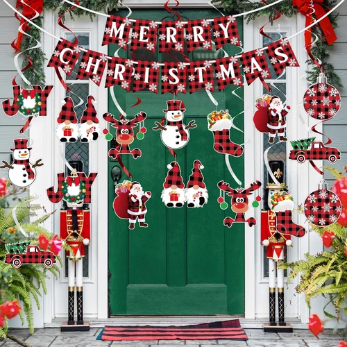 Miniatura 7 de Decoraciones Colgantes de Remolinos de Navidad - SIN DIY - Bandera de Feliz Navidad de Piqué de Búfalo, Banderines Colgantes de Techo de Navidad
