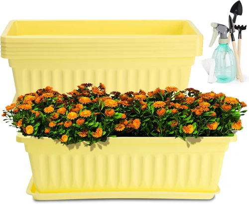 Miniatura 9 de HOXHA Paquete de 6 jardineras para ventana, jardineras de plástico de 17 pulgadas para vegetales y flores con bandeja, macetas rectangulares