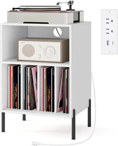 Miniatura 12 de Tangkula Soporte para tocadiscos, mesa auxiliar giratoria con estación de carga y armario de almacenamiento de discos de vinilo con capacidad