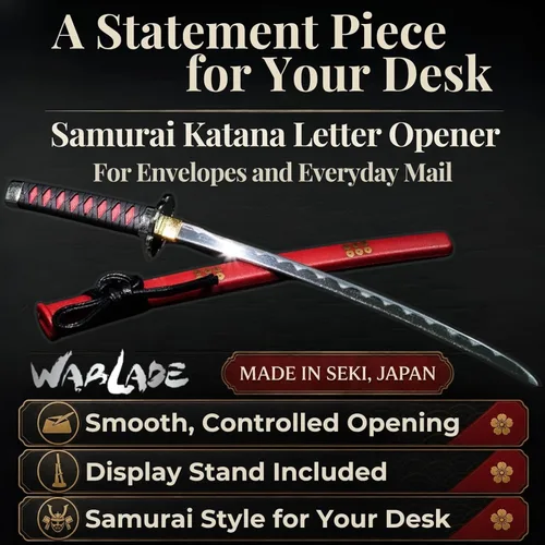 Miniatura 2 de Wablade Abrecartas Katana con soporte de 8.27 pulgadas, abrelatas de correo samurái japonés, fabricado en Seki Japón, decoración de escritorio mini