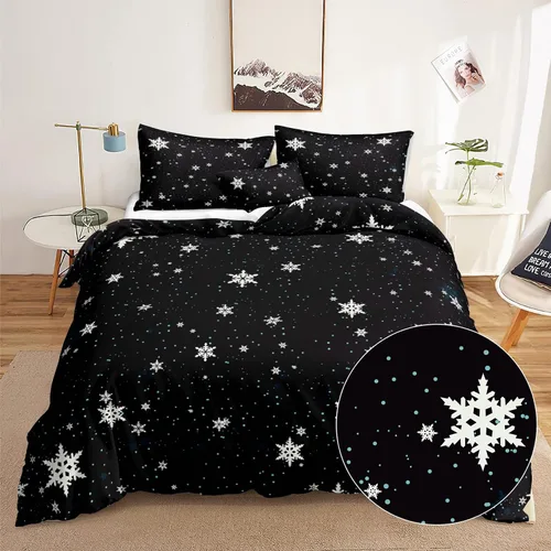 Miniatura 16 de Juego de ropa de cama de Navidad con funda de edredón de copos de nieve, color blanco y rojo, con estampado navideño, juego de ropa de cama festiva