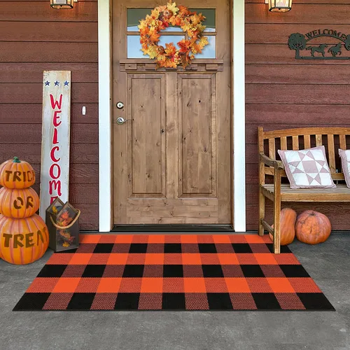 Miniatura 18 de Alfombra de Exterior de Cuadros Buffalo 2x3 pies, Alfombra Tejida de Algodón Negro y Blanco Roto, Tapetes para Puerta de Porche Frontal, Alfombra