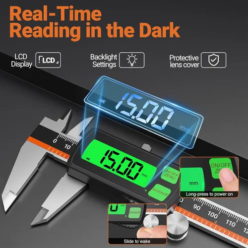 Miniatura 3 de Calibre digital, calibre Vernier recargable de acero inoxidable tipo C, conversión de F/MM/in, LCD grande, pinza de medición digital de carga USB