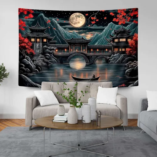 Miniatura 2 de Uokiuki Tapiz de anime japonés, tapiz de luna llena de luna llena de luna llena negro y rojo para colgar en la pared, tapiz estético de paisaje