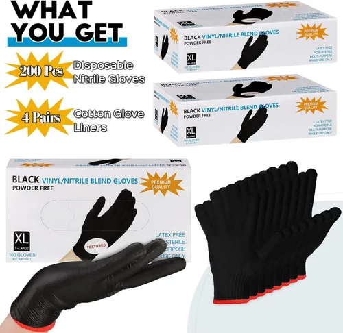 Miniatura 4 de Janmercy 200 guantes desechables de nitrilo para barbacoa con 4 pares de forros de algodón, guantes de limpieza para asar a la parrilla, para carne