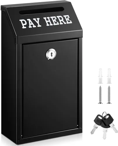 Miniatura 17 de Yaocom Caja fuerte de dinero para recolección de dinero, caja de donación de metal con cerradura para montaje en pared preperforado, buzón de Negro
