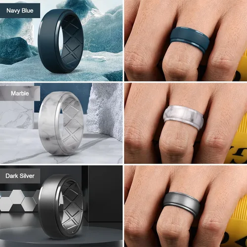 Miniatura 61 de Egnaro - Anillos de silicona para hombre, 25/64 pulgadas (10 mm) de ancho y 3/32 pulgadas (2.5 mm) de grosor, alianzas de boda de goma, paquete