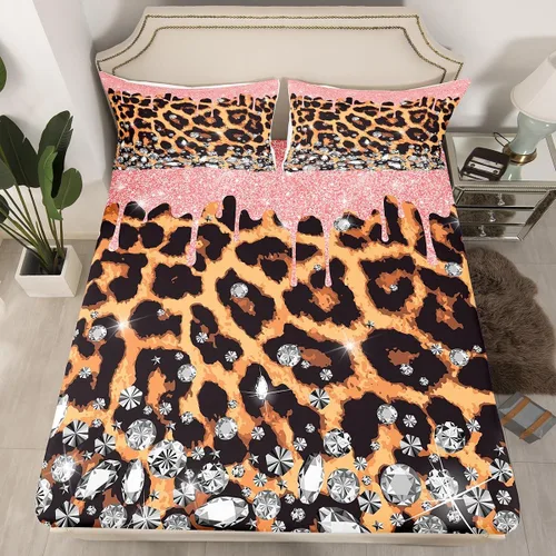 Miniatura 8 de Manfei Sábana bajera ajustable de piel de animal, tamaño individual, funda de cama con estampado de cebra de leopardo con 1 funda de almohada, juego
