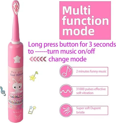 Miniatura 3 de OJV 8620 - Cepillos de dientes eléctricos musicales para niños, 3 modos, temporizador de 2 minutos, 6 cerdas recargables, energía inteligente, Rosa