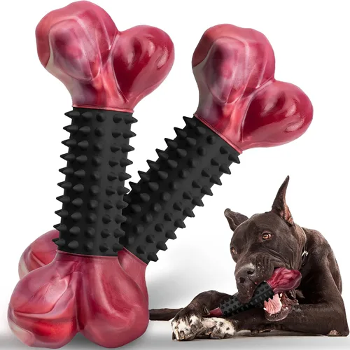 Miniatura 12 de Juguetes resistentes para perros masticadores agresivos de raza grande, hueso para masticar con sabor a tocino, juguete masticable de nailon y goma